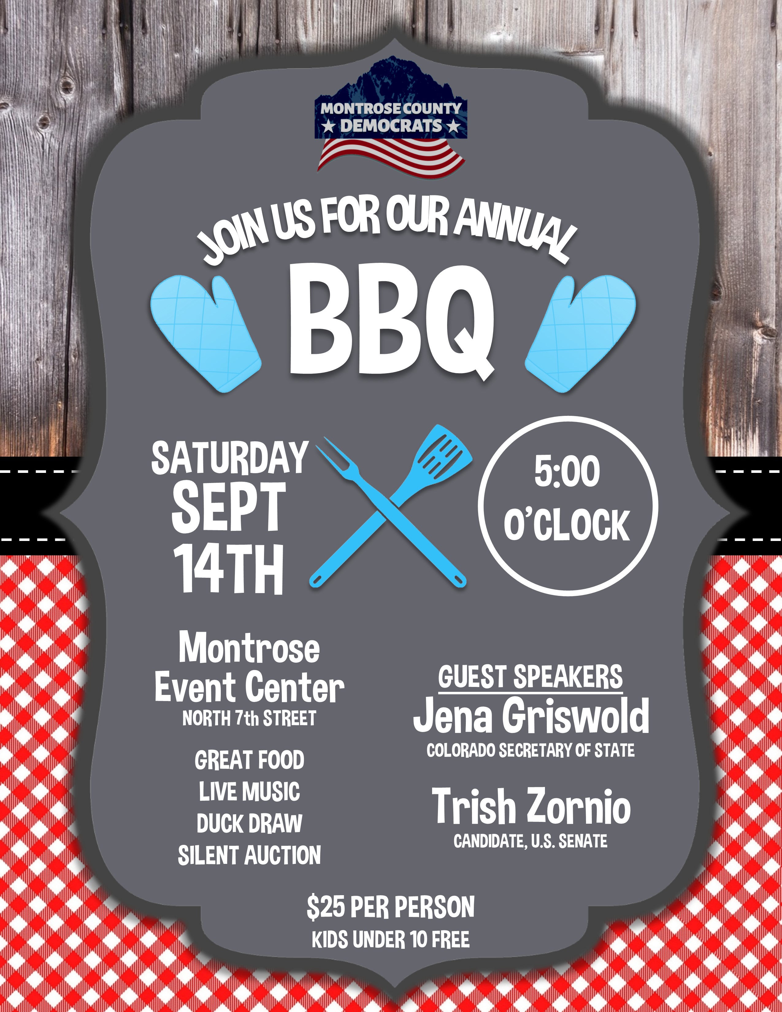 Click to get your tickets now to our annual BBQ on Saturday, September 14, 2019 at Montrose Events Center