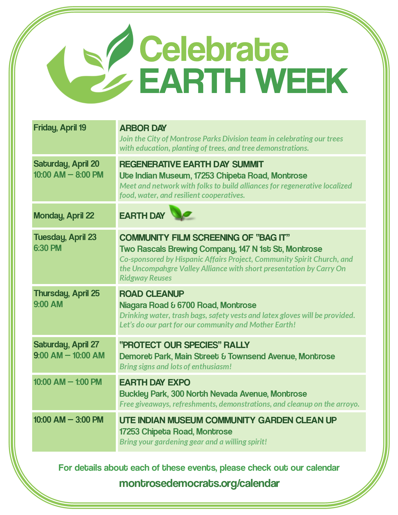 2019 Earth Week Calendar for Montrose, Colorado