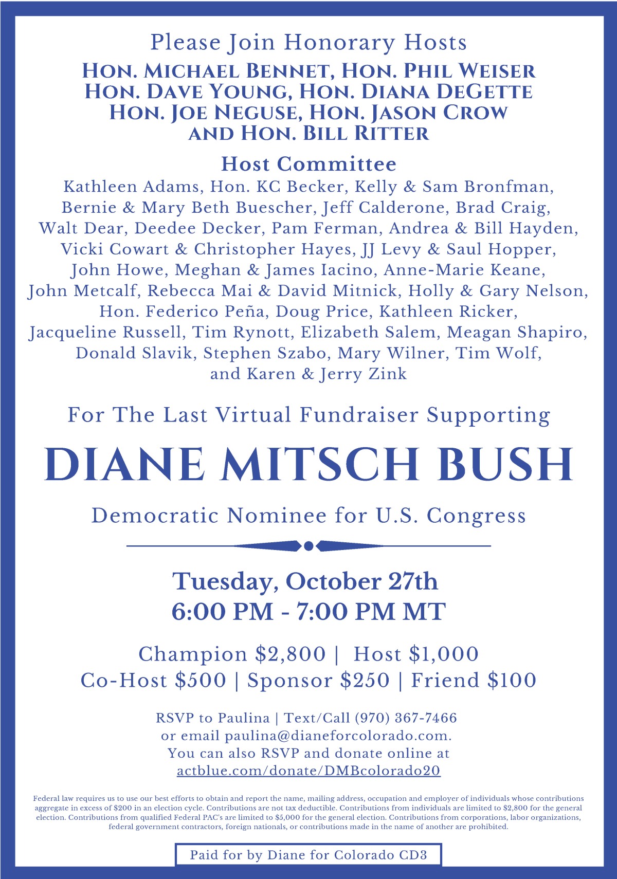 Diane Mitsch Bush Fundraiser | Tuesday, October 27, 2020 (Click to print or download invitation)