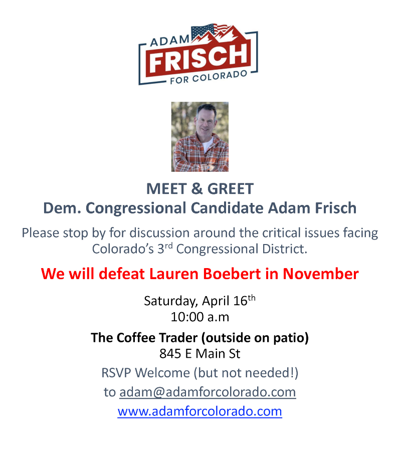 Meet & Greet with CD3 Candidate Adam Frisch at Coffee Trader on Saturday, April 16th at 10:00 AM