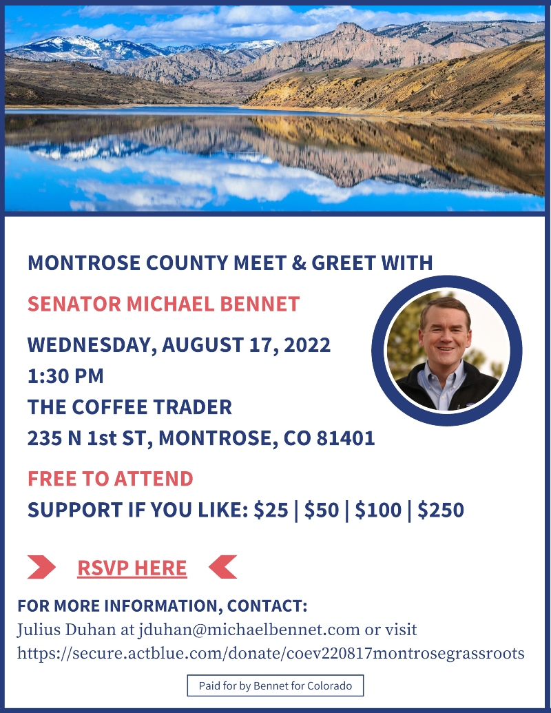 Meet & Greet with U.S. Senator Michael Bennet on Wednesday, August 17th at 1:30 PM