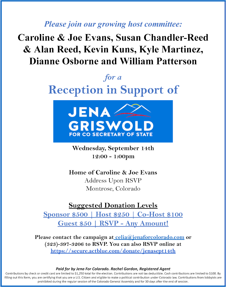 Reception for Jena Griswold, Colorado Secretary of State | Wednesday, September 14, 2022