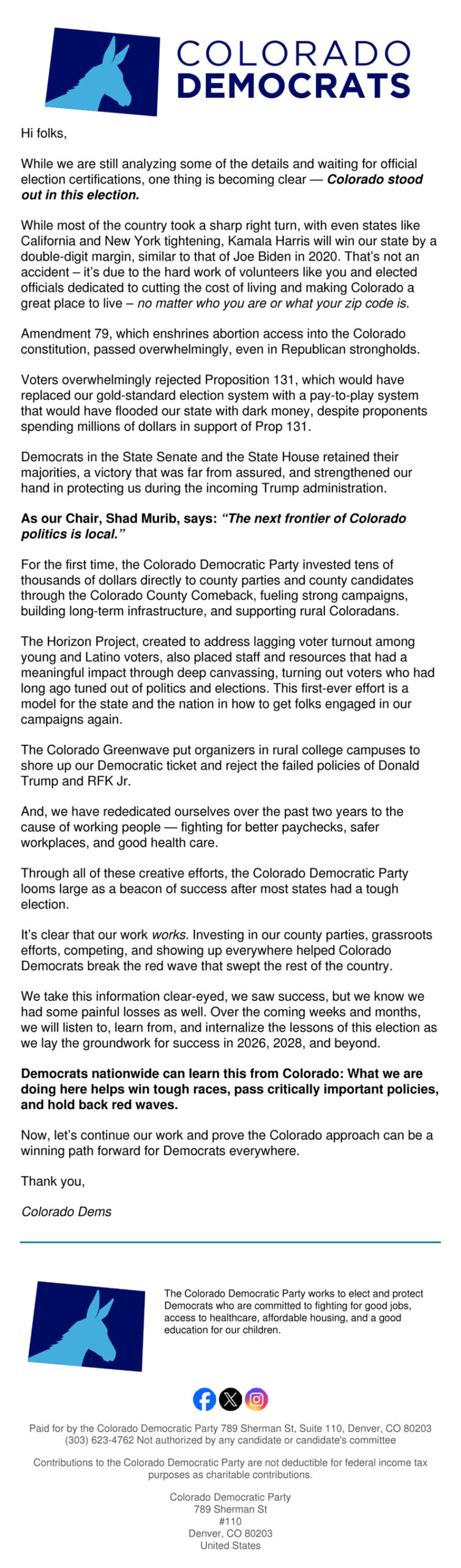 Post-election message from the Colorado Democratic Party (click to print or download)