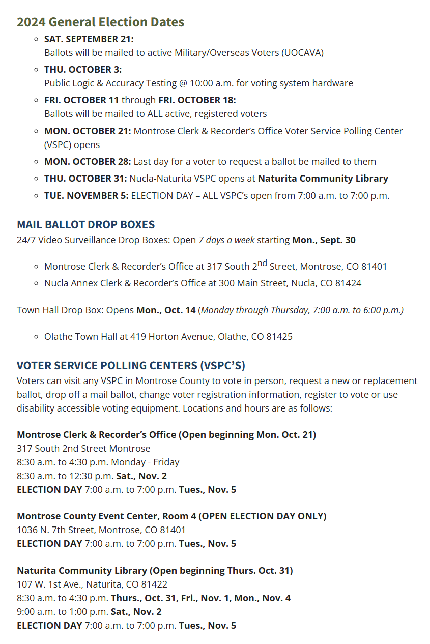 Montrose County General Election Dates