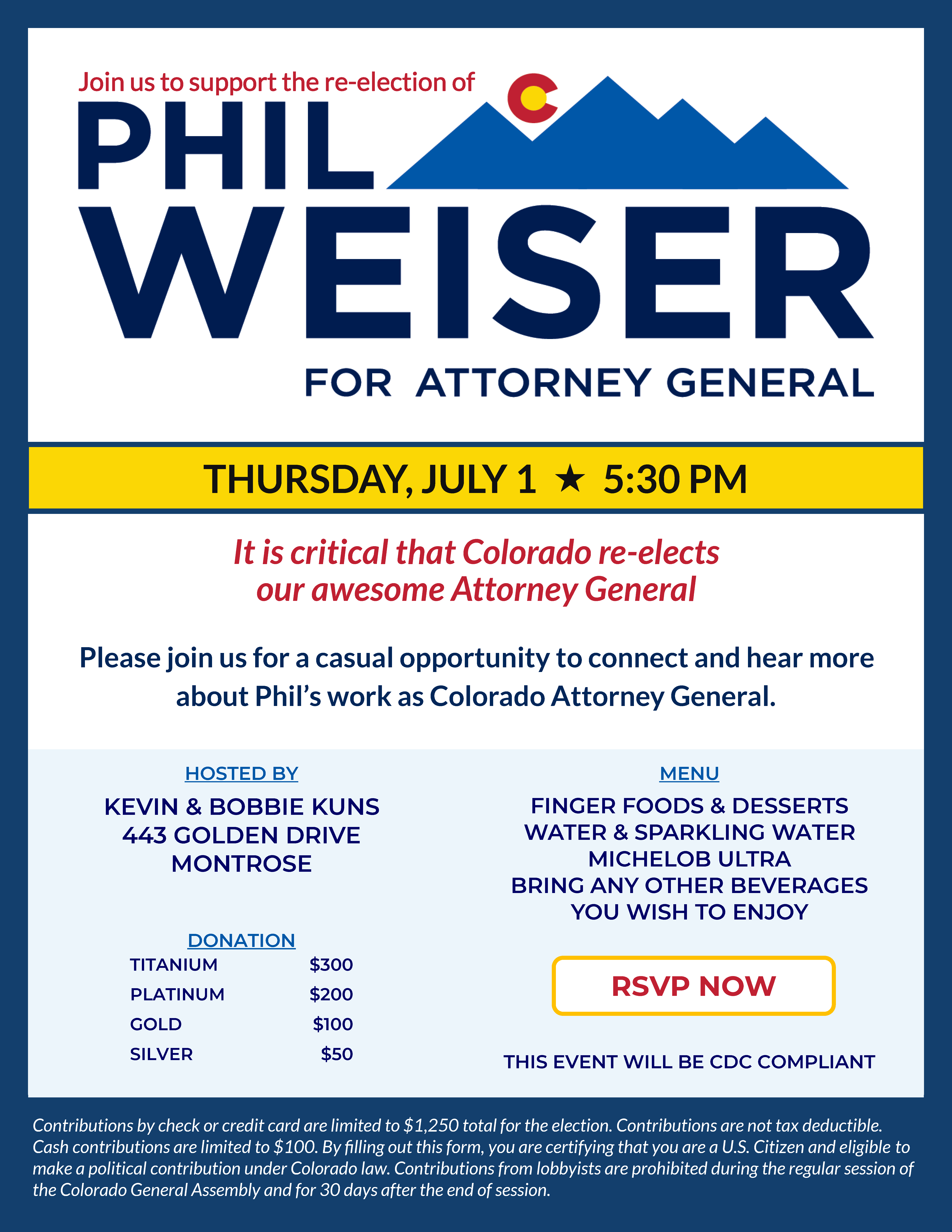 Phil Weiser Re-Election Fundraiser (poster)