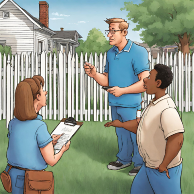 Cartoon of neighbors talking with woman with clipboard in front of a picket fence
