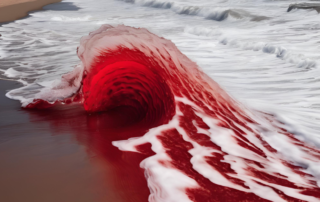 Red ocean wave crashing on beach