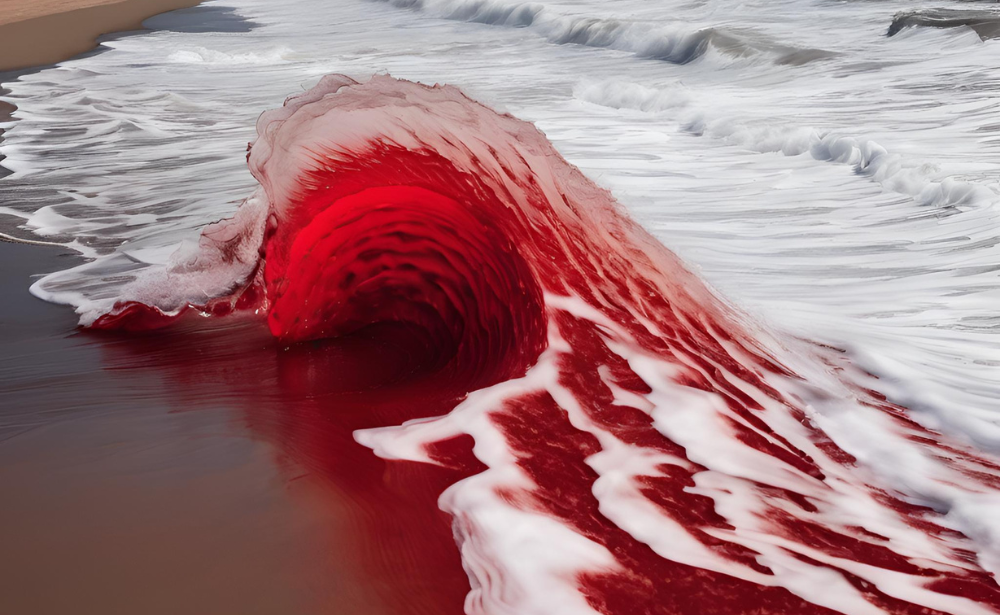 Red ocean wave crashing on beach