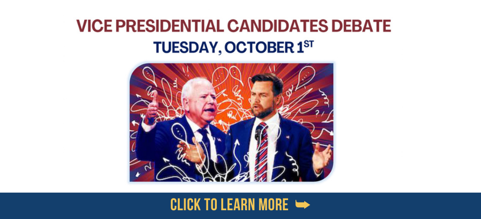 Vice Presidential Debate Watch Party at MCDP Headquarters on Tuesday, October 1st. Doors open at 6:00 PM. The debate starts at 7:00 PM. Beverages provided; bring snacks.